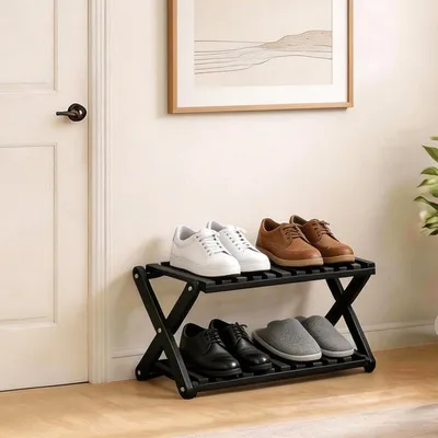 Immagine prodotto di Scaffale per scarpe in bambù, 2 ripiani, pieghevole, 49x26x25 cm, colore nero