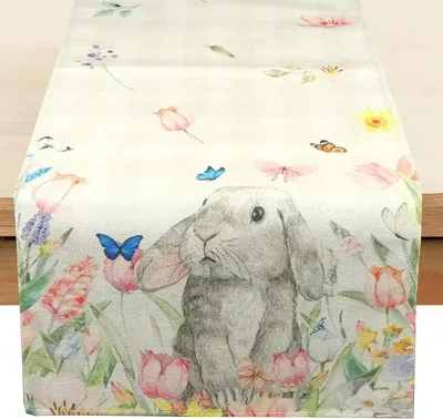 Produktbild von Tischläufer für die Osterdekoration, 33x180cm, Frühlingsblumen- und Hasenmotiv, waschbar für Ostern, Frühling, Küche, Esszimmer und Partys