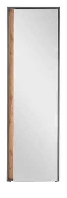A full-length mirror with a wooden frame on one side, set against a white background.