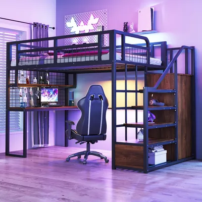 A loft bed with a desk and storage stairs in a bedroom.