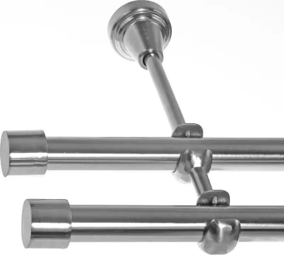 Close-up of a double curtain rod system made of metal with a silver finish, mounted against a white background.