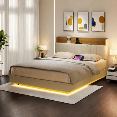 Zdjęcie produktu dla Łóżko pływające 140x200 cm białepoliuretan + jasne drewno, schowek w szufladzie, oświetlenie LED pod łóżkiem, podwójny port USB, kieszeń boczna