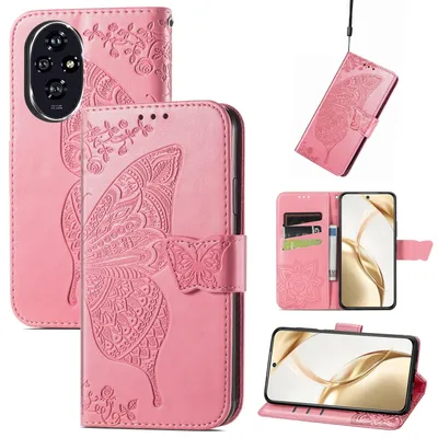 Produktbild von Für Honor 200 Kunstleder Wallet Handy Tasche Schmetterling Design Hülle Etuis Pink