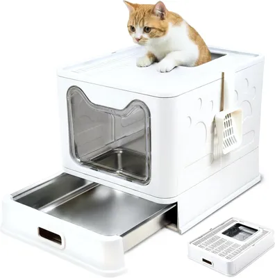 Produktbild von Katzenklo Edelstahl mit Deckel, Faltbare Geschlossene Katzentoilette mit Schublade, Geruchsfrei, Auslaufsicher, Leicht zu Reinigen, Doppelter Ein-/Ausgang, Mit Schaufel, (38,3×51×41 cm) – Weiß