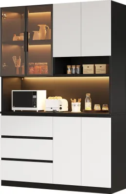 Produktbild von Merax Küchenschrank Küchenvitrine mit LED-Beleuchtung, 3 Schubladen, 6 Türen, Ablagebretter, Multifunktional, Hochschrank, Buffetschrank, Weiß+Schwarz