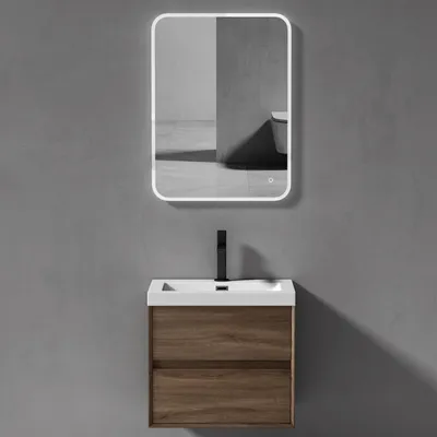 Produktbild von doporro Badmöbelset Waschbecken-Unterschrank mit Soft-close in Eiche Stirling Wandhängender Badezimmerunterschrank 60cm inkl. Mineralguss-Waschbecken und LED-Badspiegel Rimo