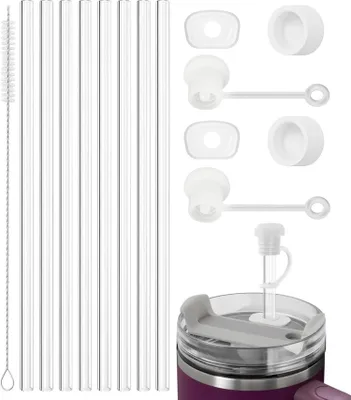 Produktbild von Nearockle 8stk Strohhalm 30cm mit Auslaufsicher Abdeckung und Reinigungsbürste - Transparent