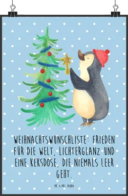 Produktbild von Mr. & Mrs. Panda Bild Pinguin Weihnachtsbaum DIN A2 - Blau Pastell - Geschenk, Kunstdruck, drucke, Wandbild, Winter, Plakat, Weihnachten, wanddeko