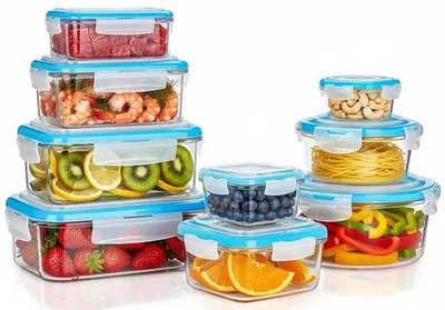 Produktbild von Luftdichte und leckfreie Glasbehälter mit Deckel - Set aus 18 (9 quadratisch und 9 runde Behälter)