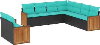 Produktbild von vidaXL 9-teiliges Gartensofa-Set mit Kissen, schwarzes Polyrattan