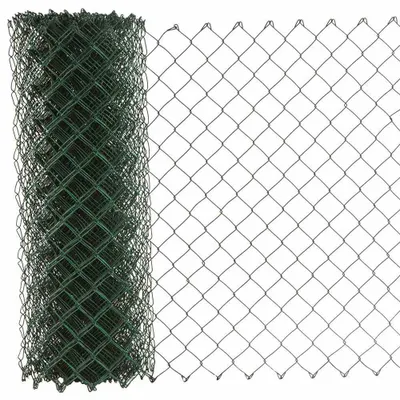 A roll of green chain-link fencing is shown against a white background.