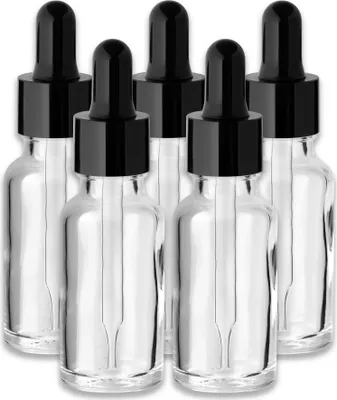 Produktbild von 5x Farblose Glasflasche 20 ml mit schwarzer Pipette leere Tropfflasche