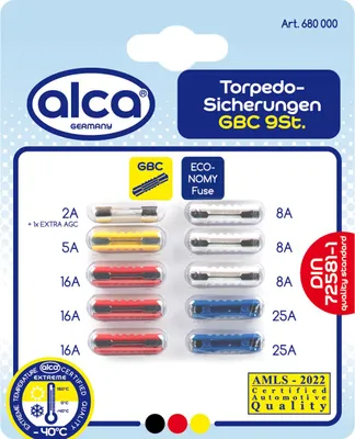 Produktbild von alca® Torpedo-Sicherungen  2A - 25A; 10St. Blister + 1 Feinsicherung Auto Abschmelzsicherungen Set Torpedosicherungen Kfz 2A 5A 8A 16A 25A Sortiment