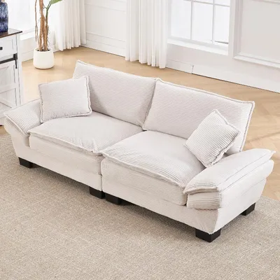 Obrázek produktu pro Moderní dvoumístná pohovka, rozměry 224x81x81 cm, béžová, s područkami, polštáři a dřevěnou konstrukcí, vhodná do obývacího pokoje, ložnice nebo kanceláře