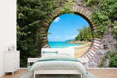 Produktbild von MuchoWow® Fototapete für Wohnzimmer oder Schlafzimmer Wandtapete Vinyl Motivtapete Strand - Meer - Aussicht - Sommer - 450x300 cm - Gemusterte