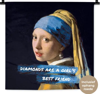 Produktbild von MuchoWow® Wandteppich Wandbehang Vermeer - Das Mädchen mit dem Perlenohrring - Zitat 60x60 cm Tapisserie Dekoration Wandtuch - Dekorationen - Wand Decke