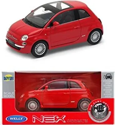 A red Welly die-cast model car is shown in two views: one isolated on a white background and another in its retail packaging.