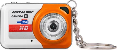 A small, orange and white digital camera with a silver lens and a keychain attached, shown against a white background.