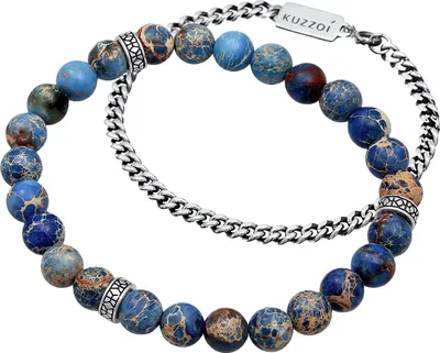 Produktbild von Herren Armband-Set aus 925 Sterling Silber und blauen Achat-Perlen, 2-teilig, Panzerkette