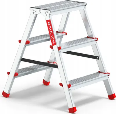 A silver step stool with red accents is shown against a white background.