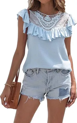 Produktbild von ASKSA Damen Spitze Bluse Tops Sommer Elegant Tunika Rüschen Rundhals Shirts Kurzarm Hemd, Hellblau, XXL
