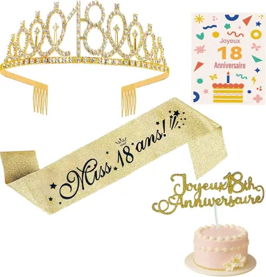 Imagen del producto de Cinta y tiara para celebrar un cumpleaños, ideal para la fiesta del 18º cumpleaños, color dorado