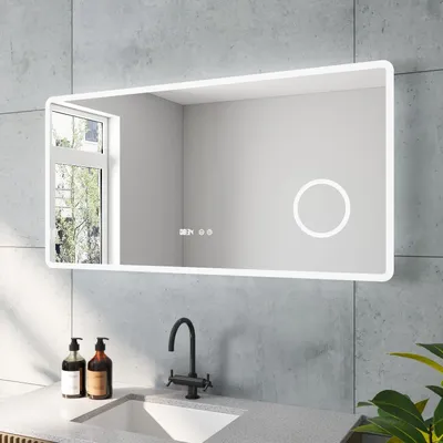 Produktbild von Badzimmerspiegel Badspiegel Led Spiegel mit Beleuchtung Digital Uhr Kosmetikspiegel Beleuchtet 120x60 cm Lichtspiegel Wandspiegel mit Touchschalter Kaltweiß Beschlagfrei Abgerundete Ecken