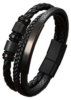 Produktbild von Lederarmband Herrenarmband Armband - Schwarz - Titanstahl-Verschluss