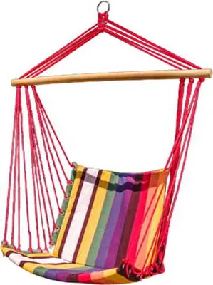 A colorful striped hanging chair suspended from a wooden bar.
