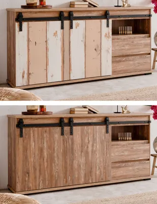 Image de Buffet Marrakech chêne natif Valhalla et pin natif Milford Commode avec portes coulissantes réversibles 180 x 87 cm