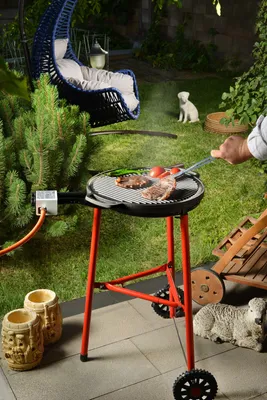 A person is grilling steaks and vegetables on a red grill in a backyard setting.