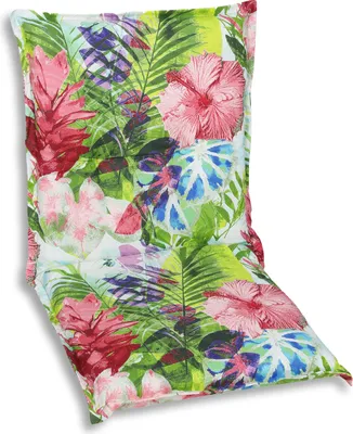 A chair cushion with a tropical floral and leaf pattern.