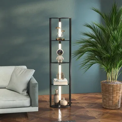 Obrázek produktu pro Stojací lampa s odkládací plochou - Černá LED rohová lampa | Barva: Černá | Rozměry: 29,5 x 41 x 163,5 cm