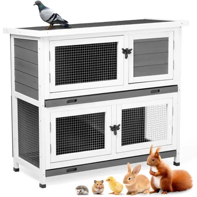 Produktbild von FCH XXL Hasenstall 2 Etagen, Kleintierstall mit herausziehbarer Schublade, 4 Türen , wetterbeständig, 91 x 45 x 83 cm, Grau