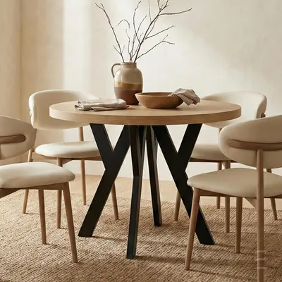 Produktbild von Runder Ausziehbarer Tisch für Esszimmer, PERO, Loft-Stil, Skandinavische, Durchmesser: 100 / 150 cm, Farbe: Eiche Craft Golden / Schwarz