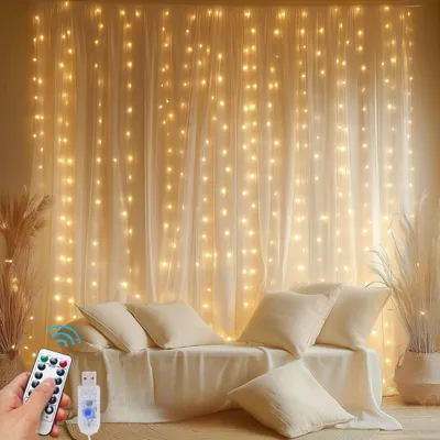 Zdjęcie produktu dla Girlanda świetlna - Ciepła biel - 3 x 3 m - Dekoracyjna lampka - Girlanda - Oświetlenie wewnętrzne - 300 diod LED - Boże Narodzenie - Timer - 8 trybów