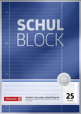 Produktbild von Brunnen Schulblock / Notizblock Premium (A4, 50 Blatt, liniert, mit Rand, Lineatur 25, gelocht, kopfverleimt, 90 g/m²)