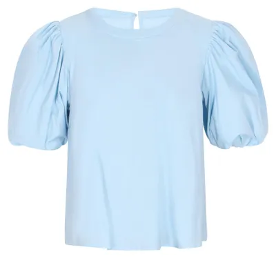 Produktbild von Damen Bluse Blau Größe S mit Puffärmeln, Rundhalsausschnitt und lockerer Passform