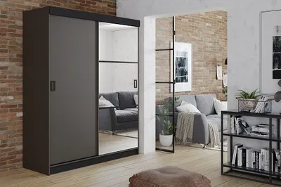 Produktbild von FurMeb24 Schiebetrenschrank RETRO 5-138x200cm Kleiderschrank mit Spiegel, 2-triger Schiebeschrank (Graphit Antrazit / Graphit Antrazit + Spiegel und schwarze Beschl€ge)