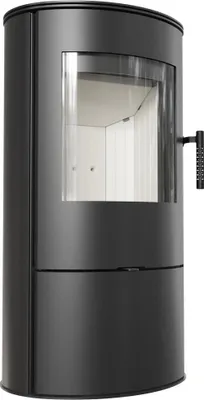 A black steel wood-burning stove shown from a three-quarter angle against a white background.