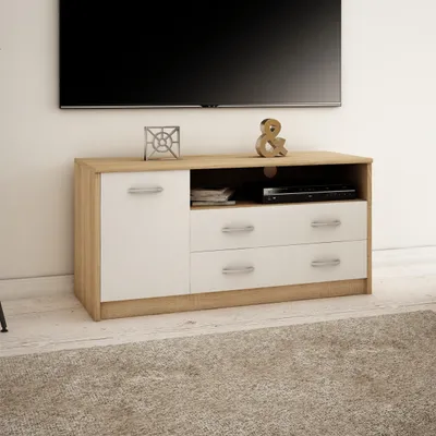 Image de Armoire TV 110cm de large Lowboard avec surface mate Table TV avec 1 porte 2 tiroirs et 2 étagères en stratifié board sonoma blanc