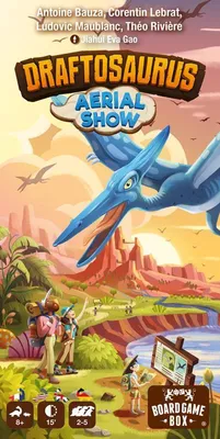 A vibrant illustration of a prehistoric landscape with dinosaurs and people, likely representing a board game.