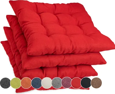Produktbild von Sunnypillow 4er Set Stuhlkissen mit Bändern 45x45 cm Bequeme Polsterauflage 8cm dick Auflage für Stühle / Bänke in Haus und Garten Sitzkissen Sitzauflage Gartenkissen Outdoor / Indoor | Rot
