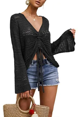 Produktbild von Häkeltop für Damen,Strandkleid,Überwurf mit Kordelzug,Oversize-Schnürponcho