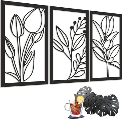 Zdjęcie produktu dla Czarny Drewniany Panel dekoracyjny Obraz 3D Ażurowa ozdoba na ścianę Kwiat Tulipan Rośliny 56x96