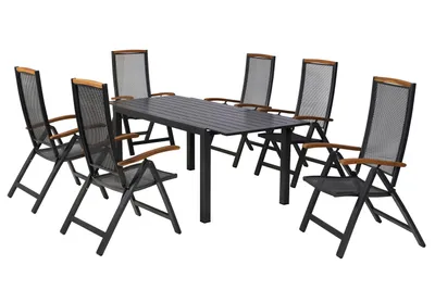 Produktbild von Merxx Tilos Gartenmöbel Set 7tlg., 6 Klappsessel, Rückenlehne 5-fach verstellbar, Ausziehtisch 150 (200) x 90 cm, Aluminium/Akazie