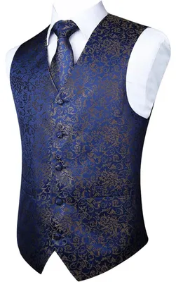 Productafbeelding van Herenset bestaande uit een vest, een das en een zakdoek, met paisley- en bloemmotieven, jacquardweefsel, marineblauw, maat XXL