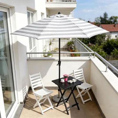 Produktbild von Sekey Balkonschirm Halbrund 270 cm – Sonnenschirm mit Kurbel, Marktschirm, UV50+ Sonnenschutz für Balkon, Garten, Hof, Café, Grau-weiß gestreift