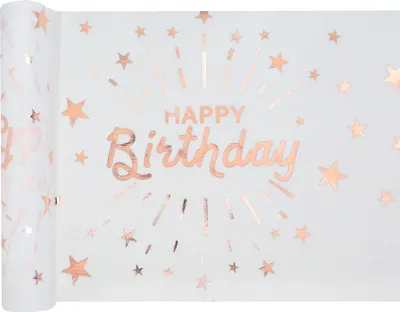 Produktbild von Tischläufer Happy Birthday Weiß Rosegold Vlies 5 m x 30 cm