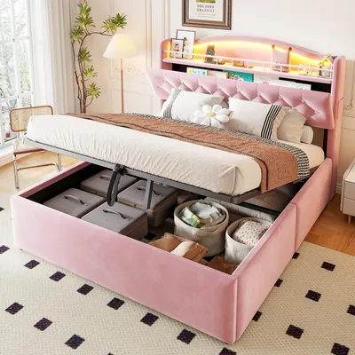 Image de Lit rembourré 140x200 cm, avec éclairage LED, avec port USB, avec espace de rangement, avec tête de lit rembourrée, de couleur rose